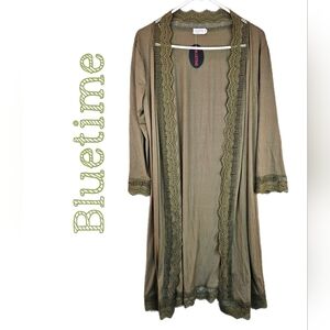 Bluetime Womens Green Long Line Open Front Lace Trim Cardigan Sz M=8/10